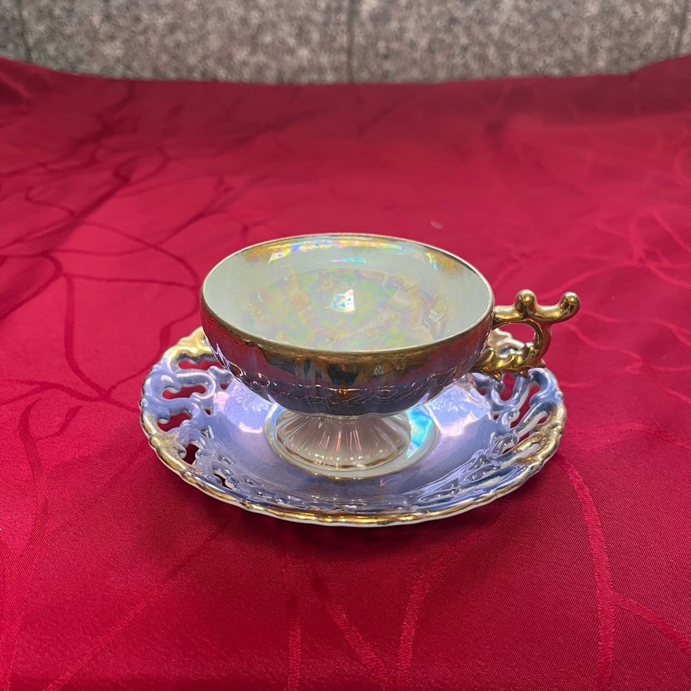Iridescent Blue and Gold Teacup and Saucer Set - Picture 1 of 7